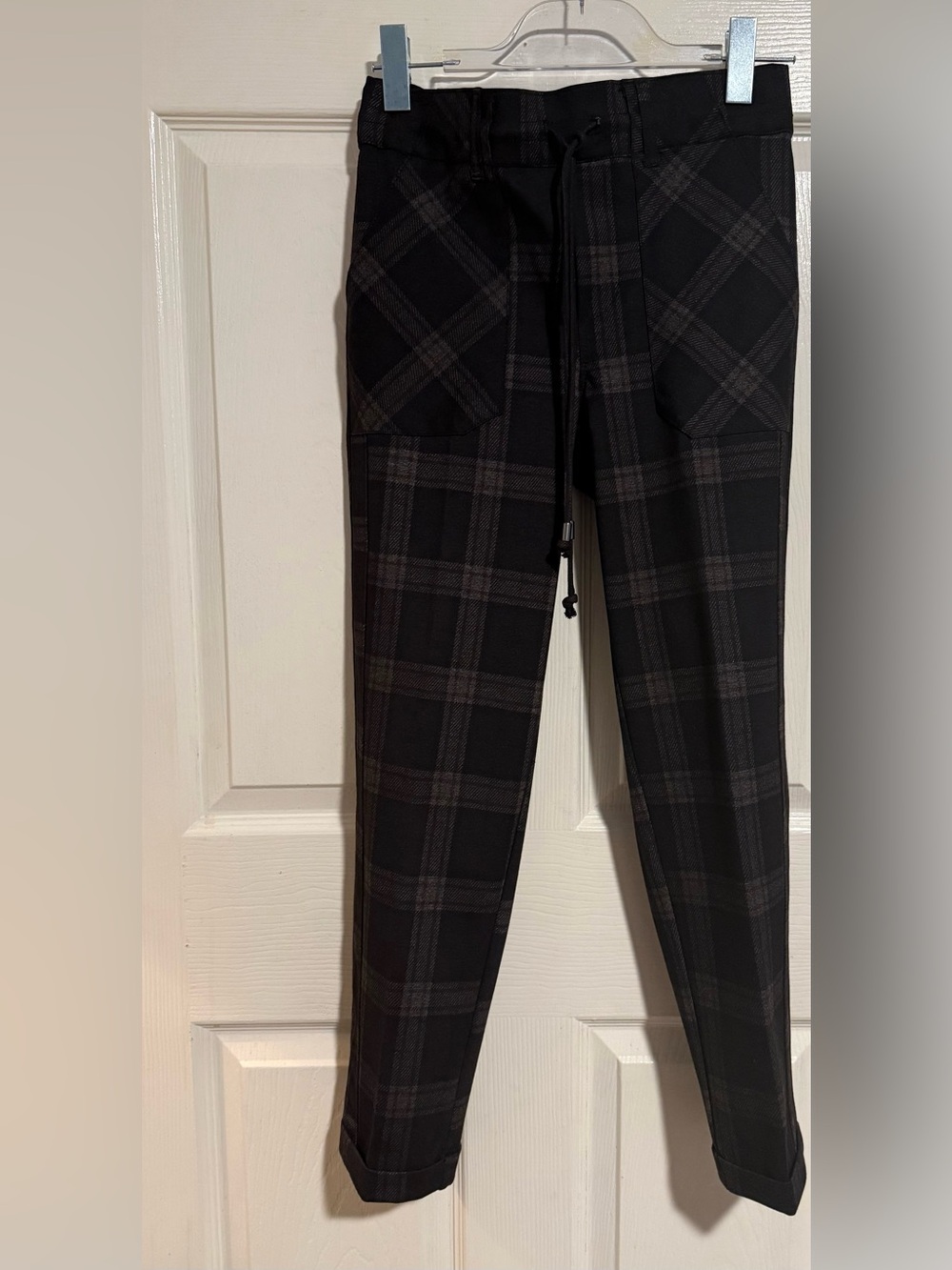 Democracy charcoal & brown ish dark olive Plaid Drawstring Tapered Pants size XS